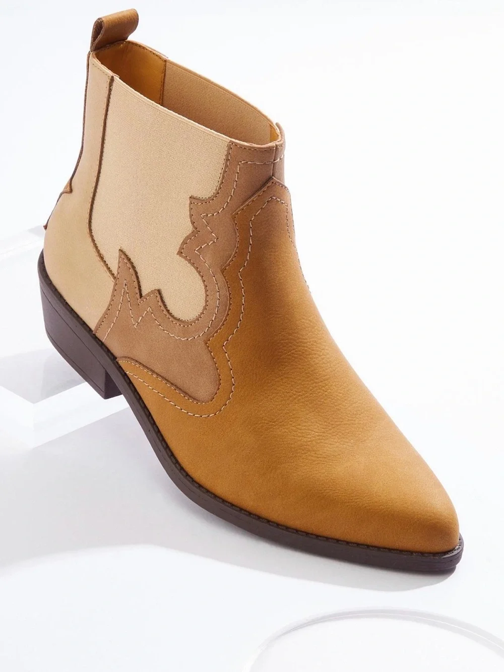 Women's Tan Western side gore Ankle Boot faux leather 1.5 inch heel
